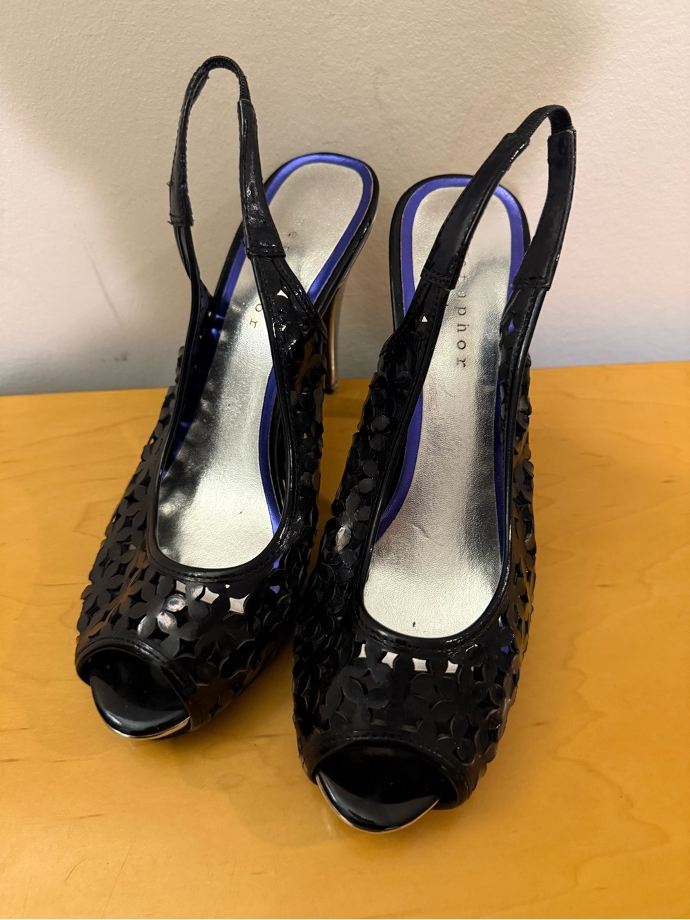 Black Slingback Peep-Toe Heels with Floral Cutouts